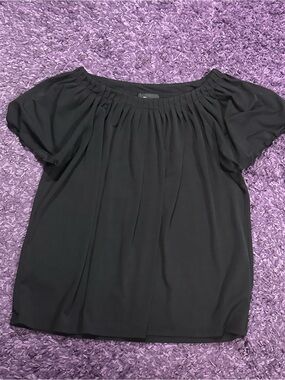AB Studio Black Pleated Scoop Neck Short Flowy Sleeve Blouse Size XL